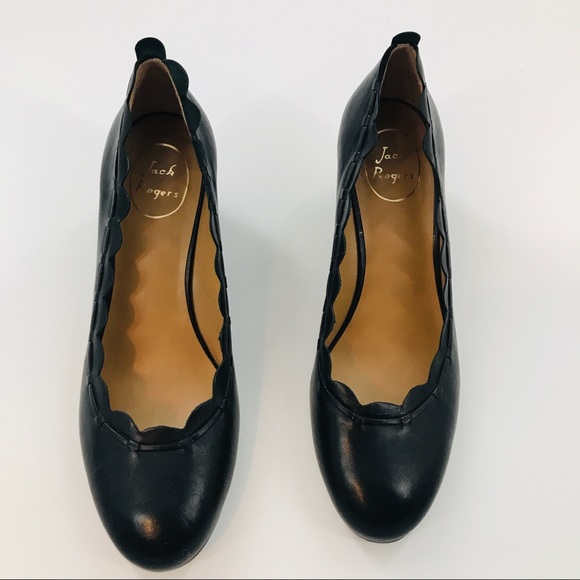 Jack Rogers Thea Soft Black Leather Scalloped Trim Round Toe Wedges - Picture 2 of 9